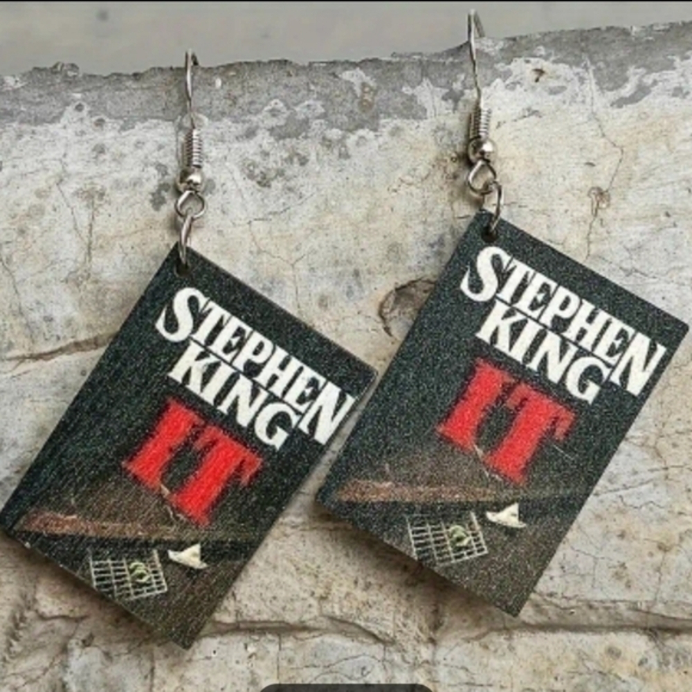 MODCLOTH STEPHEN KING "IT" WOODEN BOOK EARRINGS